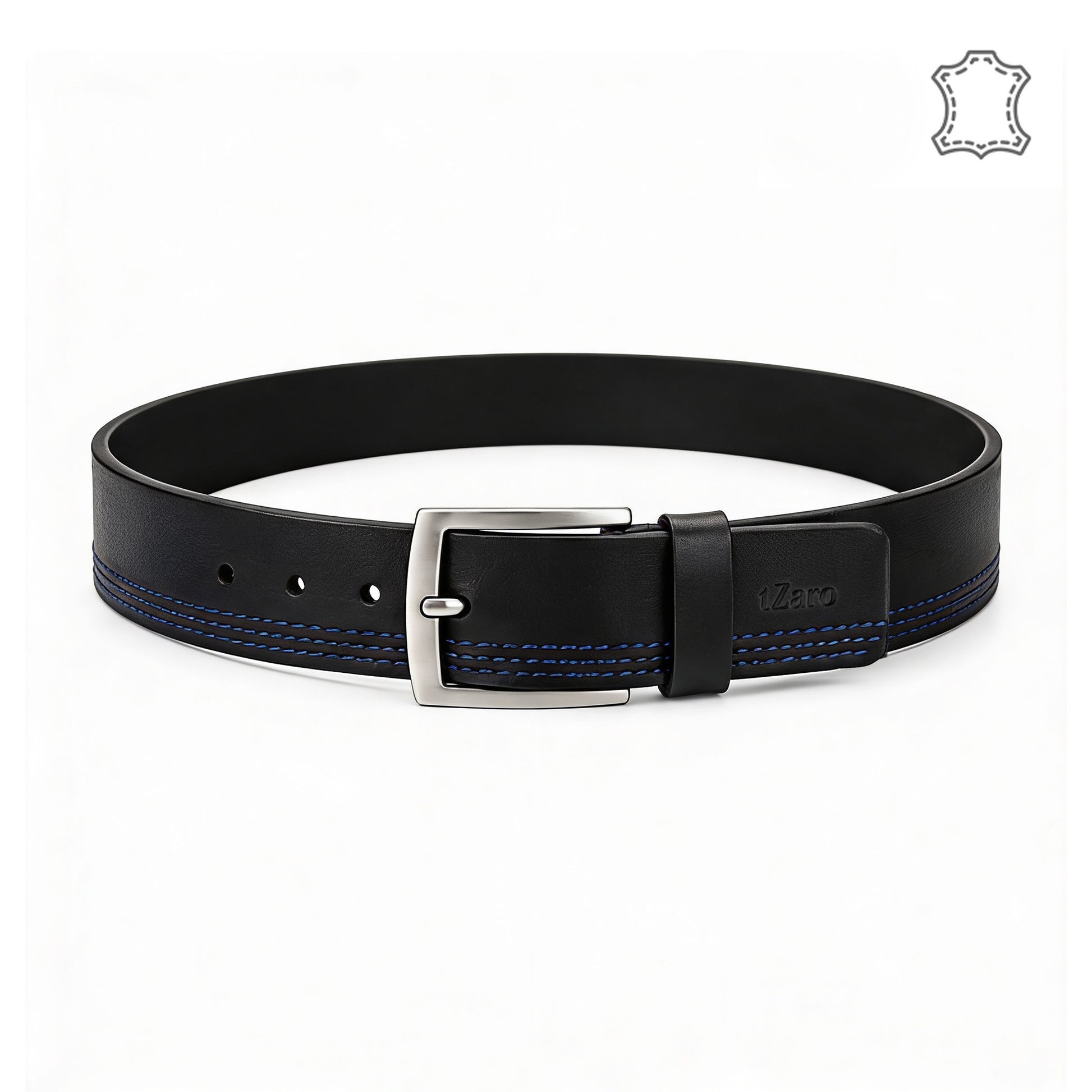 Black leather belt triple blue stitching coiled top view brushed silver buckle – TZARO