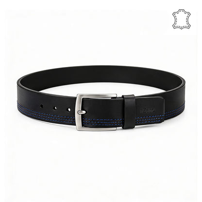 Black leather belt triple blue stitching coiled top view brushed silver buckle – TZARO