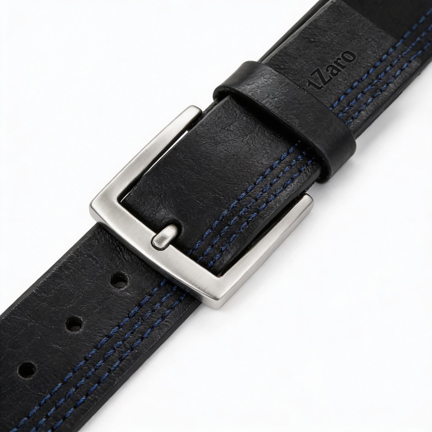 Black leather belt buckle close-up triple blue stitching detail – TZARO