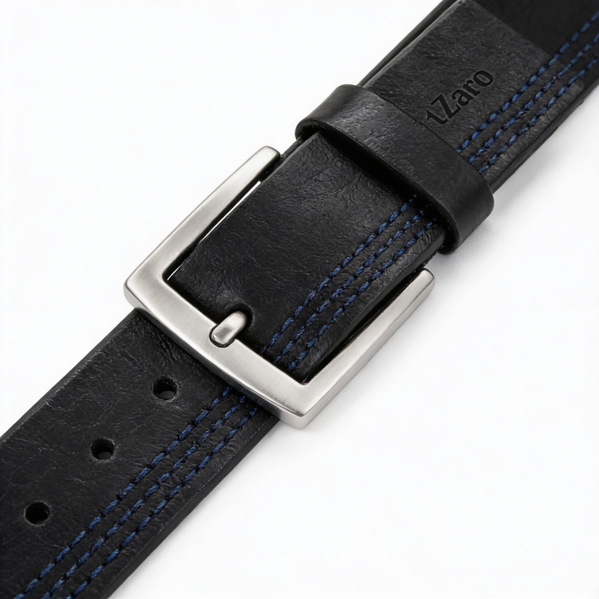 Black leather belt buckle close-up triple blue stitching detail – TZARO
