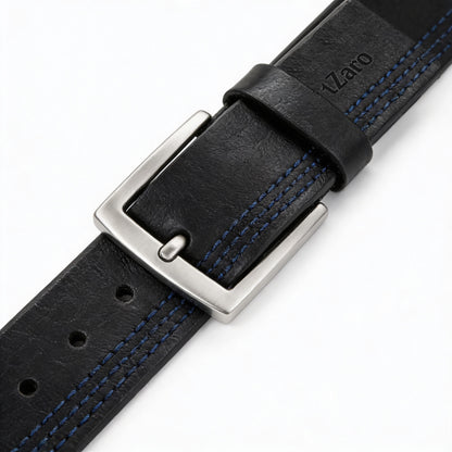 Black leather belt buckle close-up triple blue stitching detail – TZARO