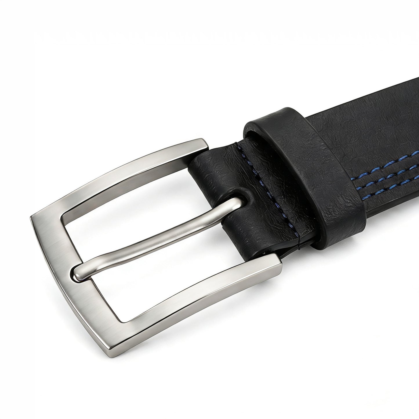 Black leather belt buckle close-up brushed silver pin buckle side view – TZARO