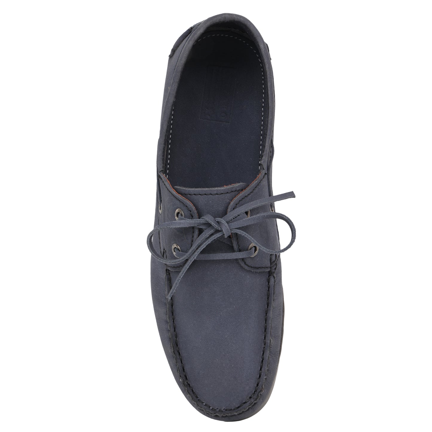 Slate blue nubuck boat shoe, top-down flat lay view showing full silhouette and lace detail