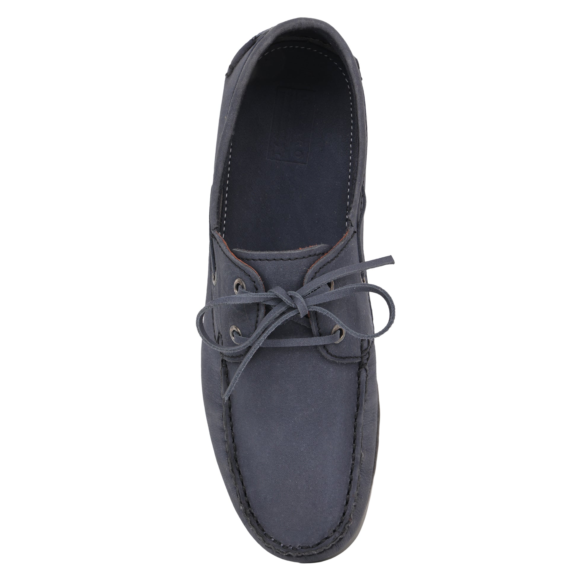 Slate blue nubuck boat shoe, top-down flat lay view showing full silhouette and lace detail