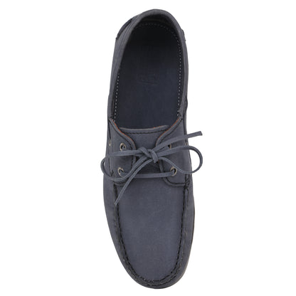 Slate blue nubuck boat shoe, top-down flat lay view showing full silhouette and lace detail