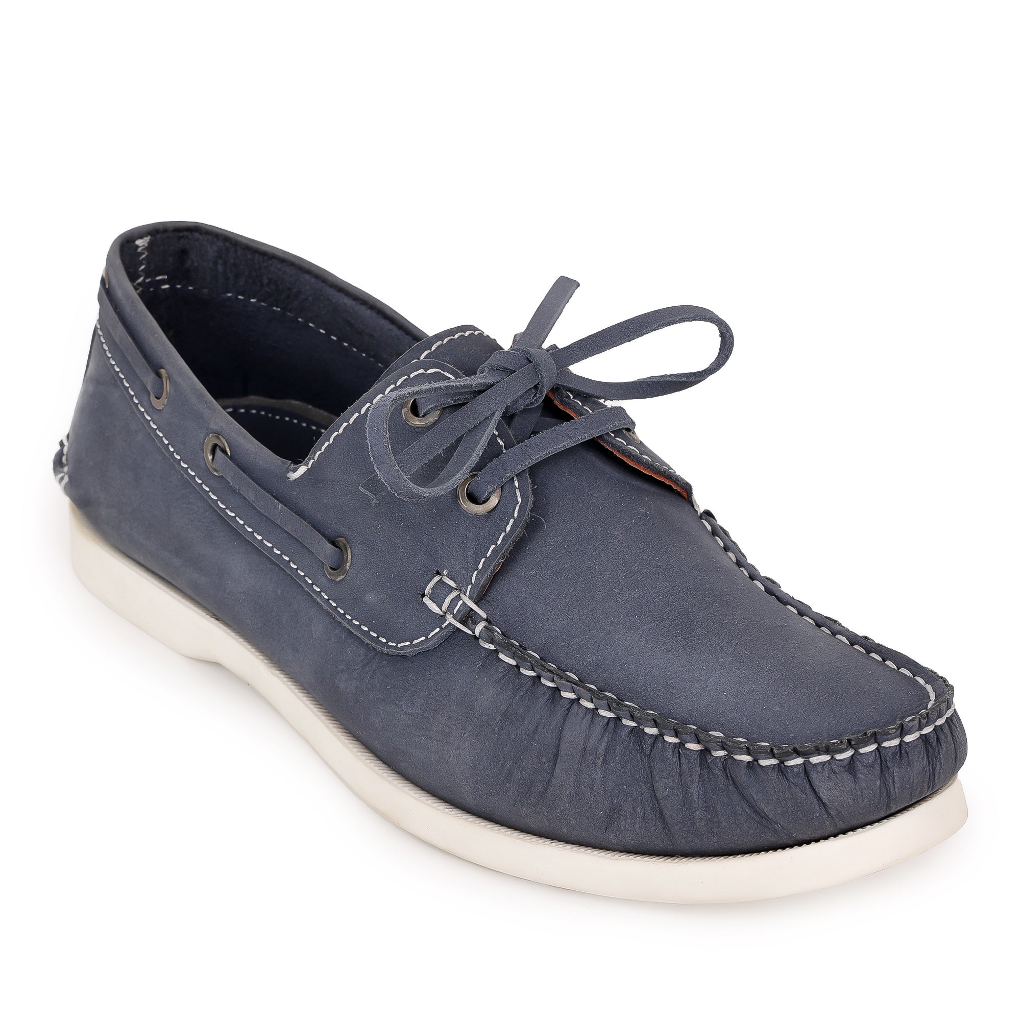 True Moccasin Pure Leather, Navy Blue Boat Shoes with White Sole - TIMBERWHBLU