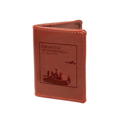Tzaro Longewala Edition tan micro wallet closed front view Battle of Longewala scene