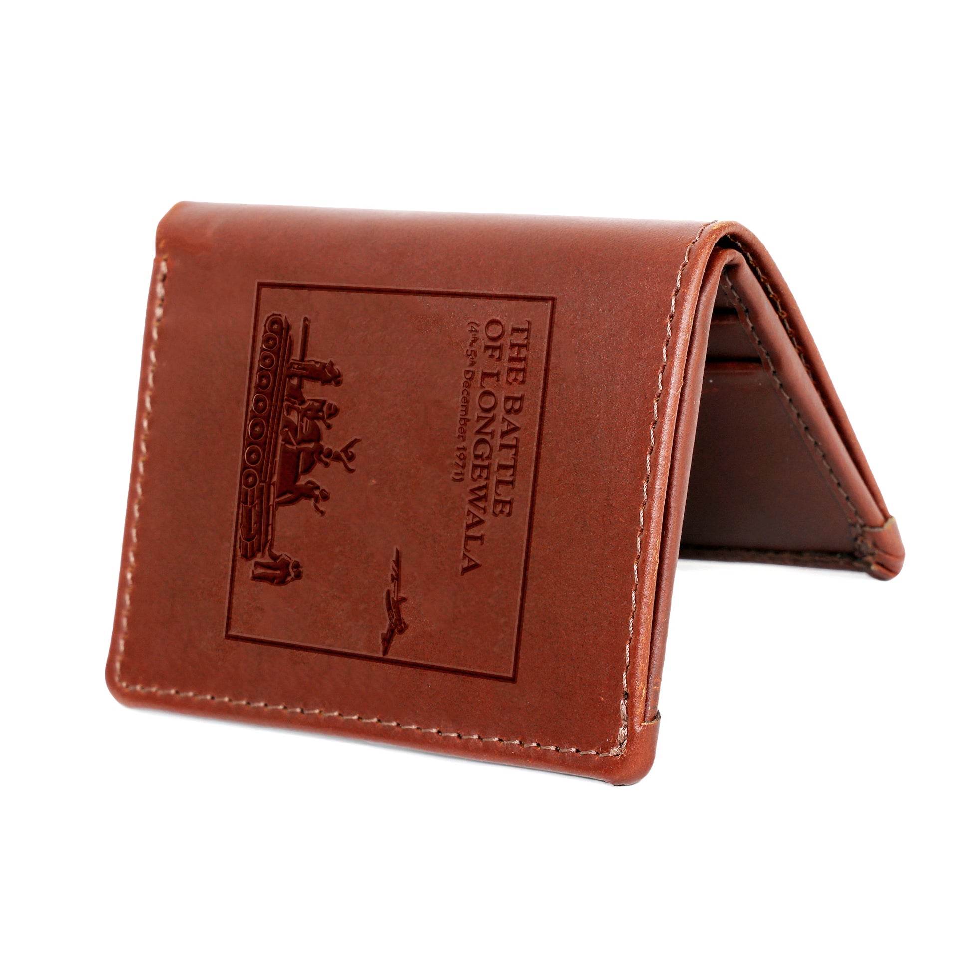 Tzaro Indian Army tan leather micro wallet standing side view embossed design