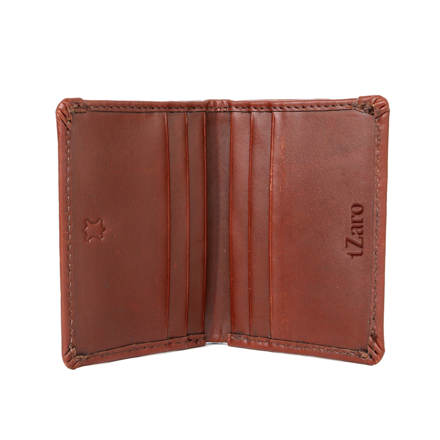 Tzaro Indian Army tan leather micro wallet closed angle view