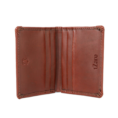 Tzaro Indian Army tan leather micro wallet closed angle view