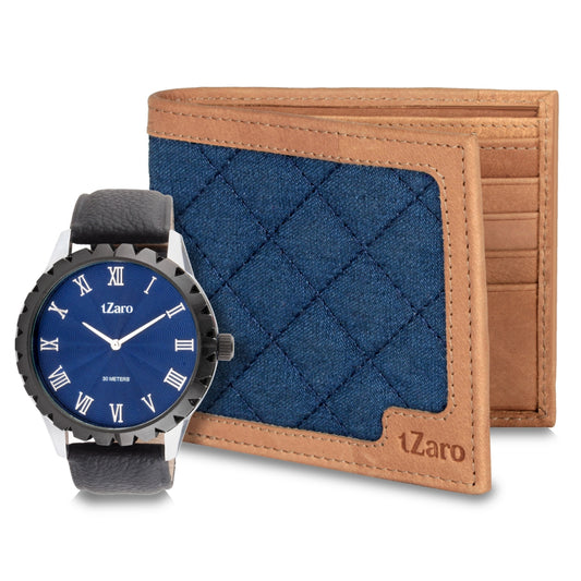 Tzaro watch wallet gift set navy blue quilted denim tan leather wallet with watch