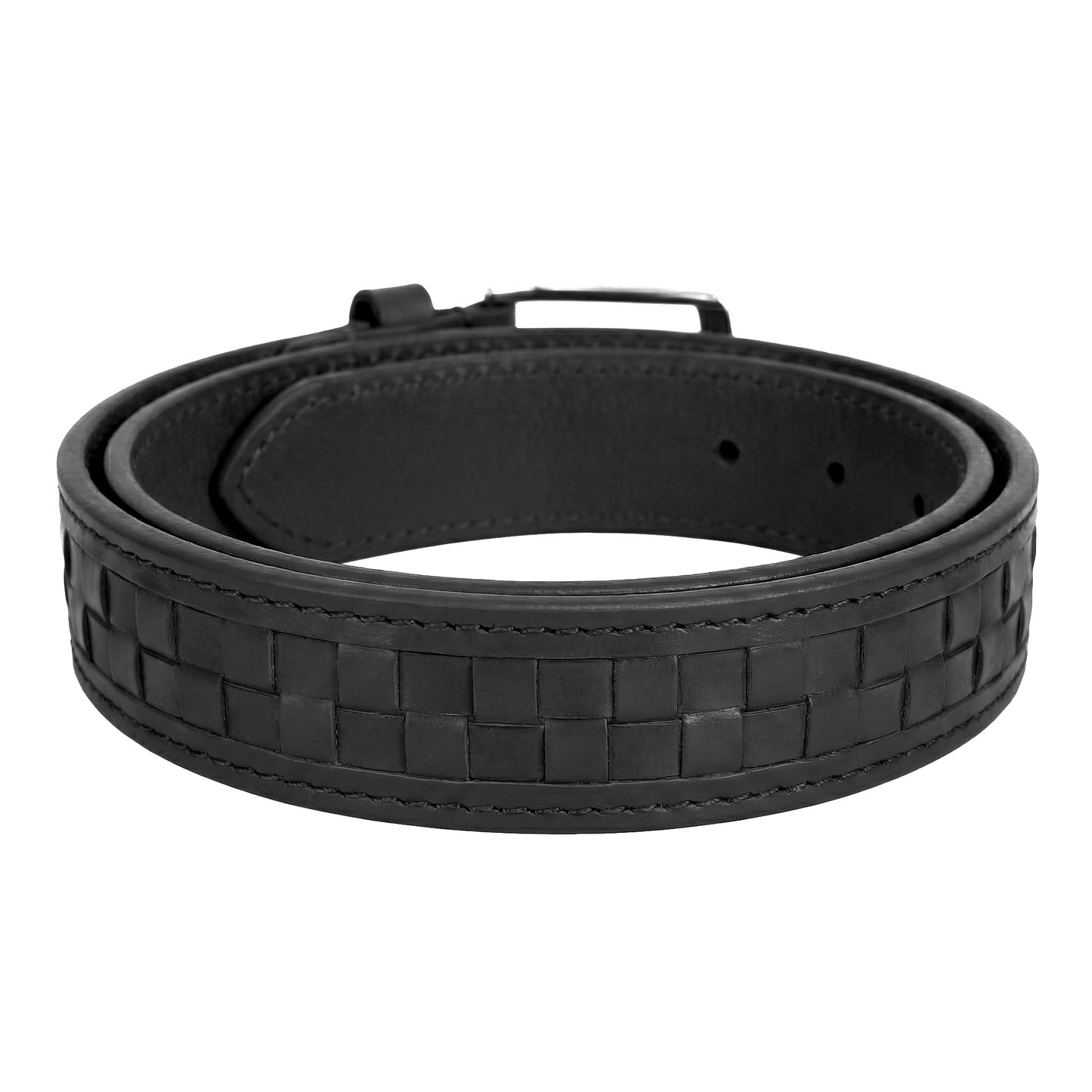 Black leather basket weave belt coiled top view brushed silver buckle – TZARO