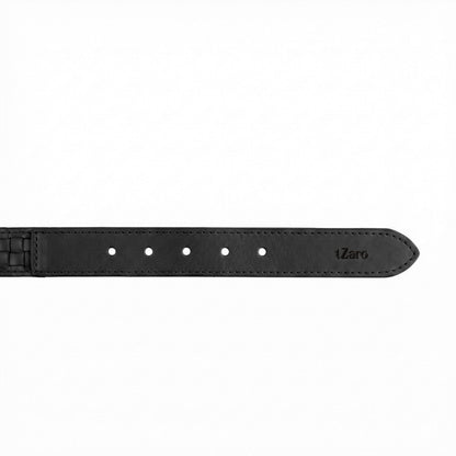 Black leather basket weave belt strap close-up buckle holes – TZARO