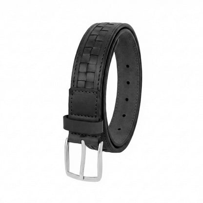 Black leather basket weave belt strap close-up brushed silver buckle detail – TZARO