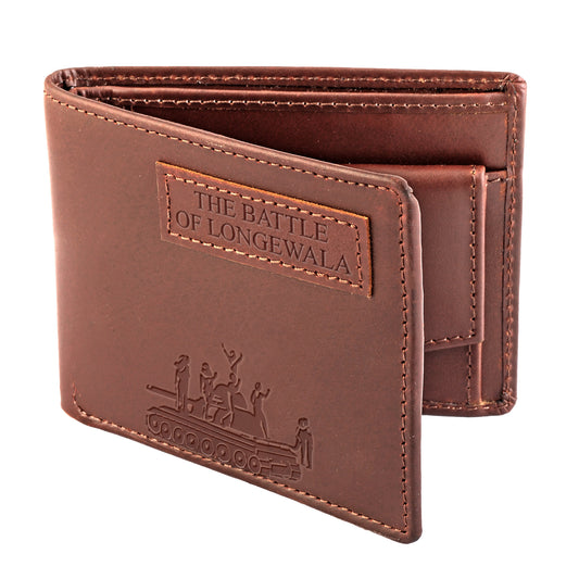 Tzaro Indian Army full grain nubuck leather bifold wallet brown T71 Battle of Longewala embossed