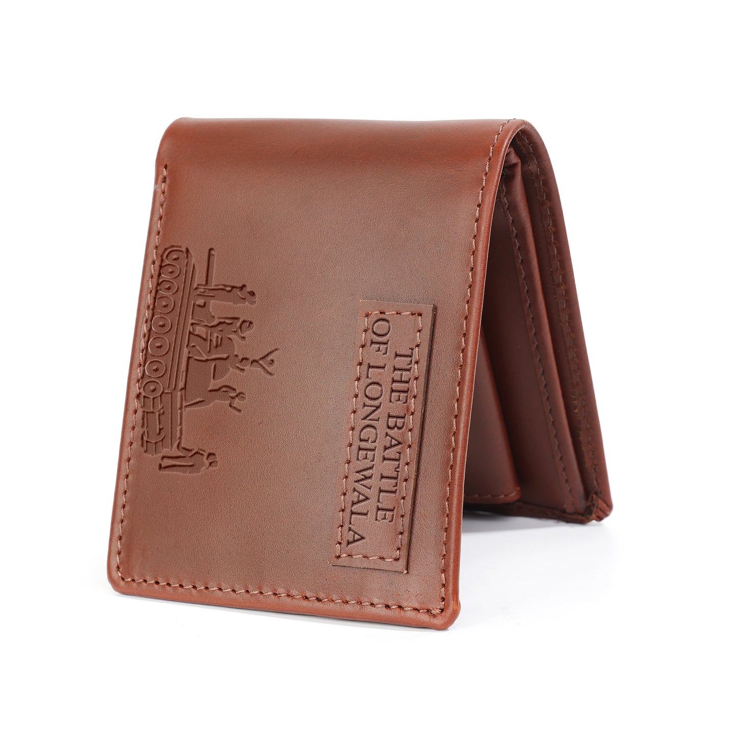 Tzaro Indian Army brown nubuck leather wallet standing side view embossed insignia