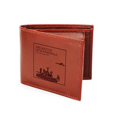 Tzaro Longewala Edition brown leather wallet closed front view Battle of Longewala scene